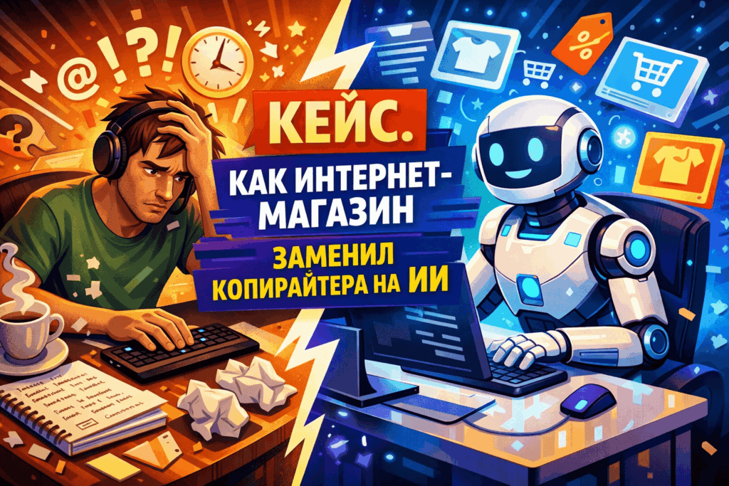 Инфографика кейса интернет-магазина ДомТекстиль о замене копирайтера на искусственный интеллект GPTText с результатами эксперимента