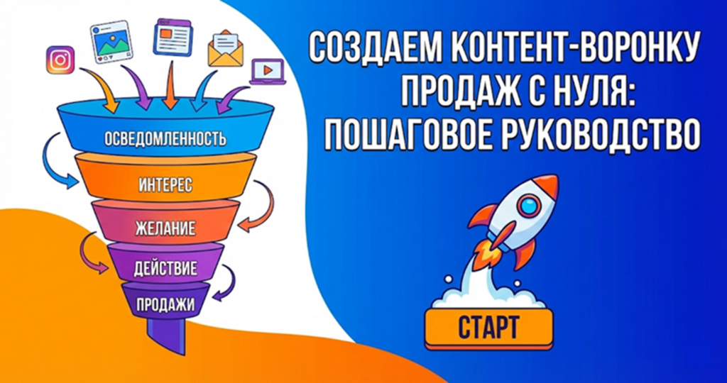 Схема контент-воронки продаж с тремя этапами от привлечения до конверсии