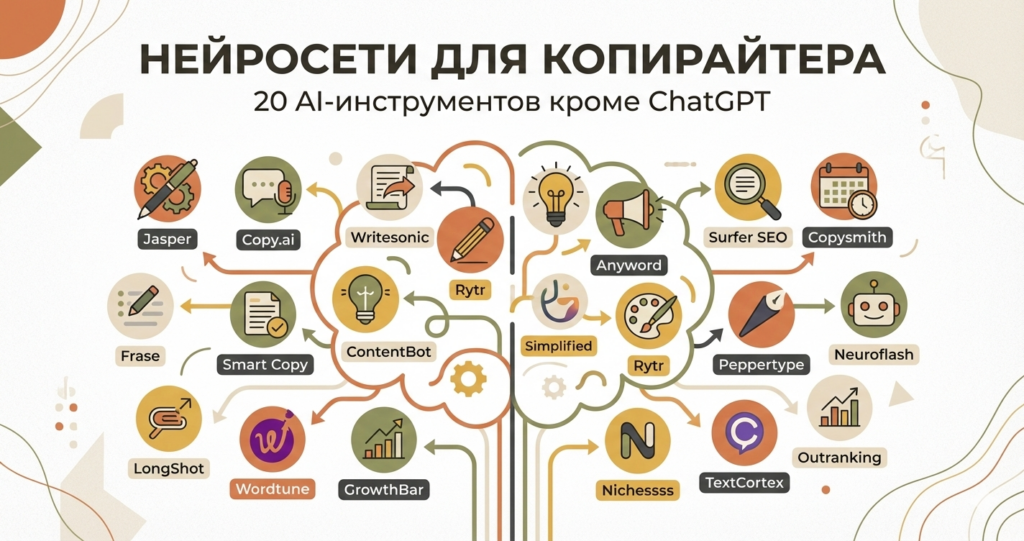 Нейросети для копирайтера: коллаж с иконками 20 AI-инструментов для создания контента, включая GPTText, Jasper, Midjourney